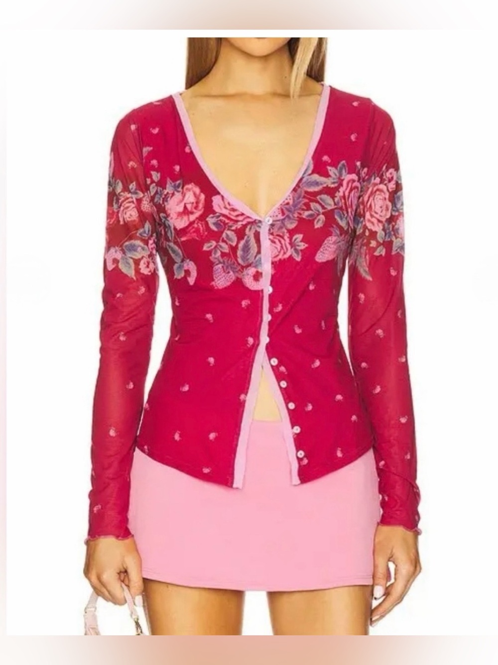 NWT Free People Home Grown Mesh Cardi in Magenta Combo Size XS